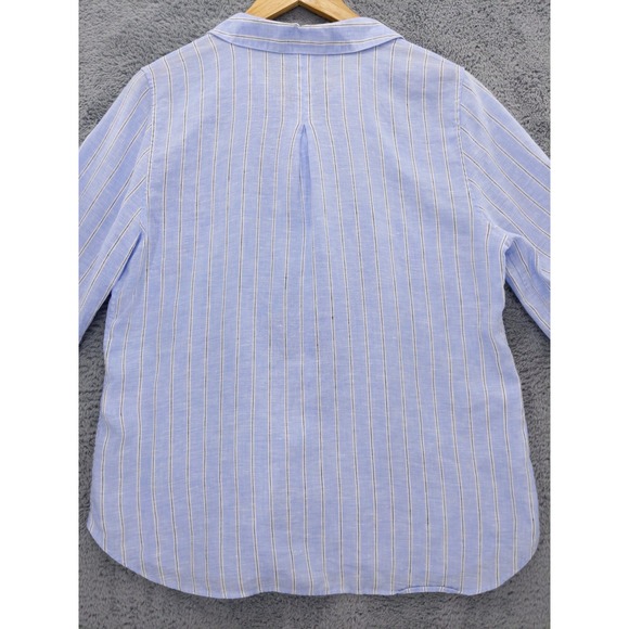 Chicos No Iron Linen Striped‎ Button Up Shirt Womens Size 1 M Blue White - Picture 6 of 9
